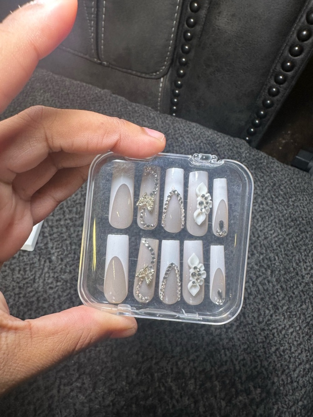 Two Pack Elegant White & French Tip Nail Set with Rhinestones & Floral Accents